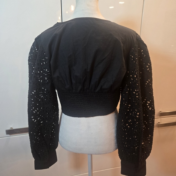 Eyelet Embroidered Balloon Sleeve Plunge V-Neck Cropped Top Black Small - Picture 5 of 8